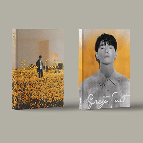 Two album covers featuring Suho in a suit, with yellow and orange tones.