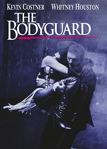 DVD cover for "The Bodyguard" featuring Kevin Costner and Whitney Houston in a dramatic embrace.