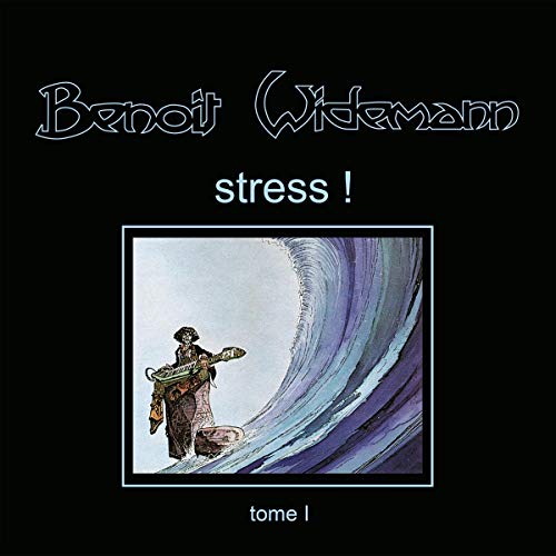 "Album cover with a man holding a surfboard, standing before a large wave."