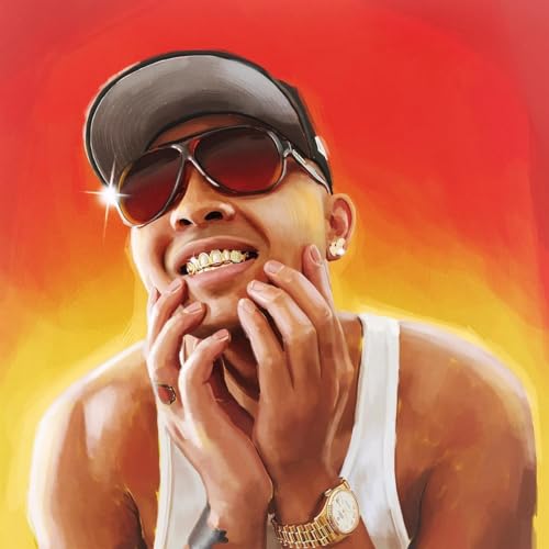 Painted portrait of P-LO wearing sunglasses, a cap, and gold jewelry.