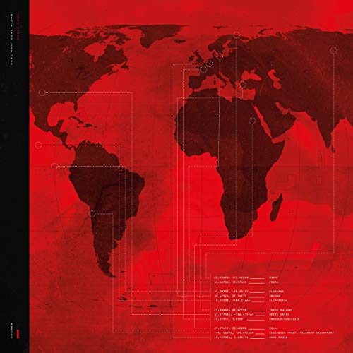 Red-toned world map with grid lines and location names, CD cover art.