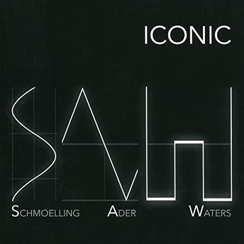 Black CD cover with white geometric lines spelling "S.A.W." and "ICONIC".