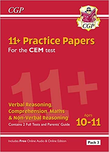 Red book cover with "11+ Practice Papers" and "CGP" logo, featuring yellow and white text.