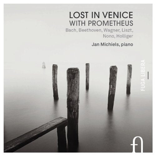"CD cover with foggy, black-and-white photo of wooden dock posts in water."