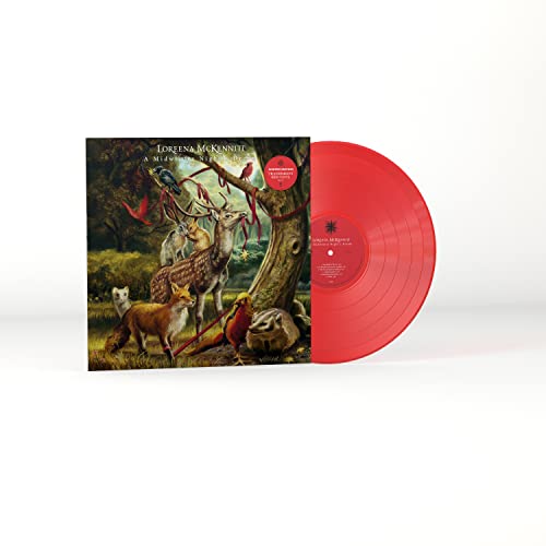 Transparent red vinyl record next to its illustrated album cover featuring deer and nature.