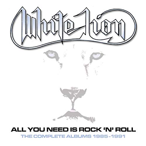 White Lion album cover with lion's eyes and guitar on a white background.