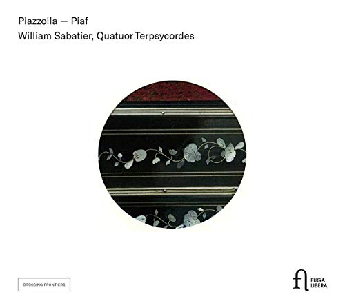 "CD cover with a circular design featuring floral pattern on horizontal black and white stripes."