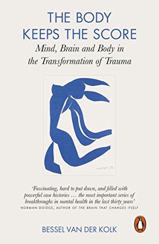 Book cover of "The Body Keeps the Score" with blue figure illustration.