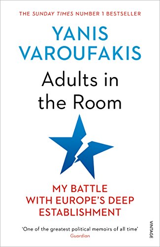 "Book cover with title 'Adults in the Room' and a blue star graphic."