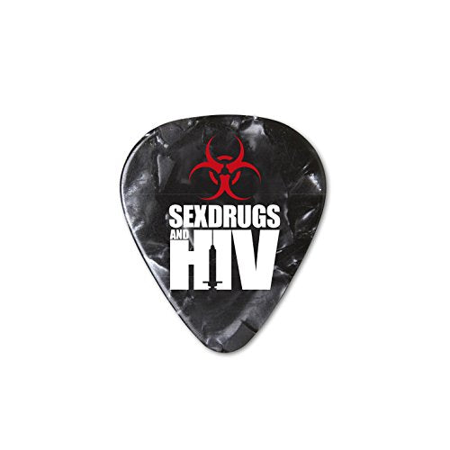 Black guitar pick with biohazard symbol and text "Sex Drugs and HIV".