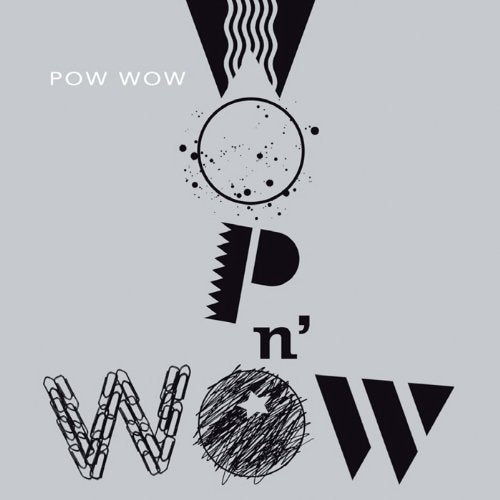 Black and white abstract album cover for “Pow Wow” with text and shapes.