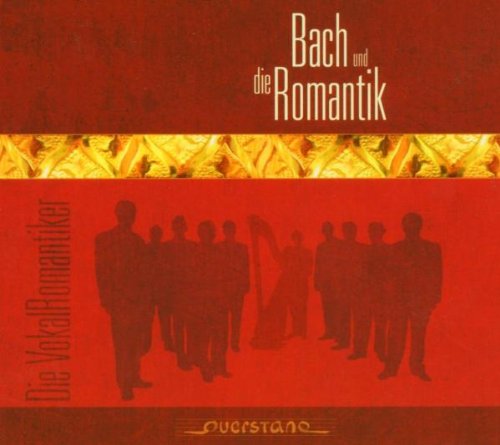 "CD cover with red background, silhouetted choir, and gold accents, titled 'Bach und die Romantik'."