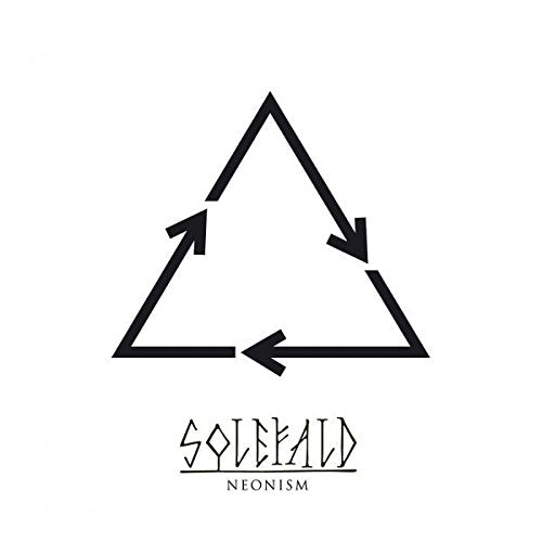 A black equilateral triangle with arrows on a white background, with "Solefald Neonism" text below.