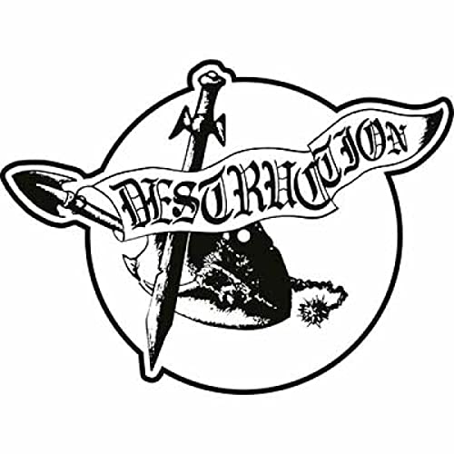 Destruction band logo: sword, skull, and banner in a circular design.