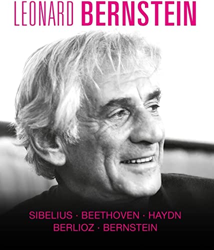 Black and white portrait of Leonard Bernstein, with composer names below.