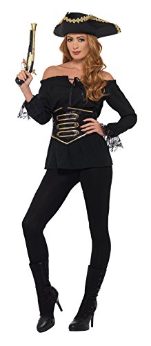 Woman in black pirate costume, holding a toy gun, against a white background.