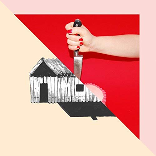 Collage with a hand holding a knife above a house illustration.