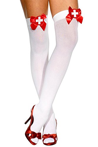 White thigh-high stockings with red bows and cross appliqué on a model.