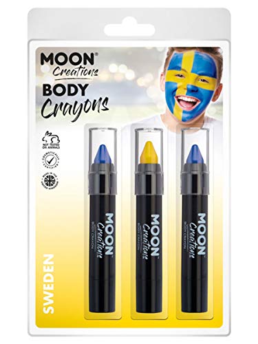 "Package of three black body crayons with blue and yellow tips, Sweden-themed."