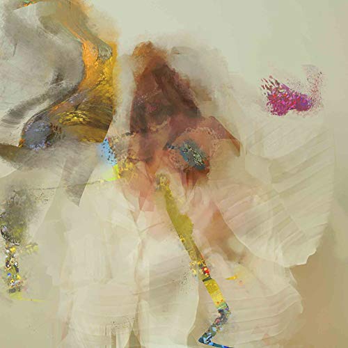 Abstract painting with blended beige, gold, and rose-colored brushstrokes.