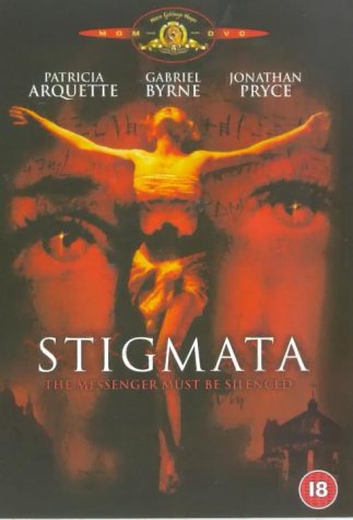 Stigmata" DVD cover featuring a woman with outstretched arms and wounds.