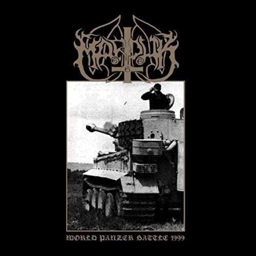 CD cover: black metal band logo over a tank in a field.