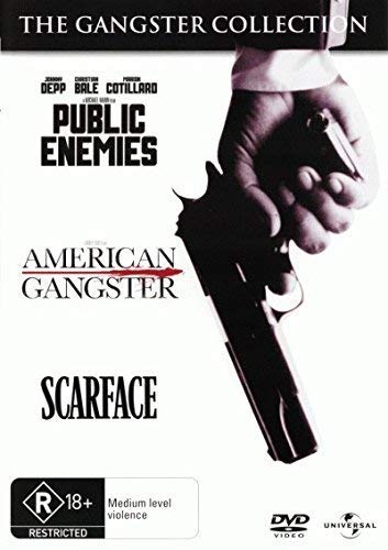 DVD cover for "Public Enemies," "American Gangster," and "Scarface" films.