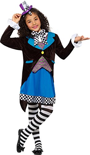 A young girl wearing a black, blue, and checkered Mad Hatter costume, smiling and posing.