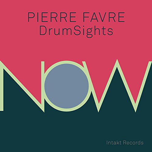 The image is an album cover for "DrumSights" by Pierre Favre. * The top half of the cover is red with the artist's name, "PIERRE FAVRE", and album title, "DrumSights", written in black text. * The bottom half features a stylized graphic of the word "NOW" in light green, with a gray circle replacing the "O". * The background of the bottom half is dark green, with the label name