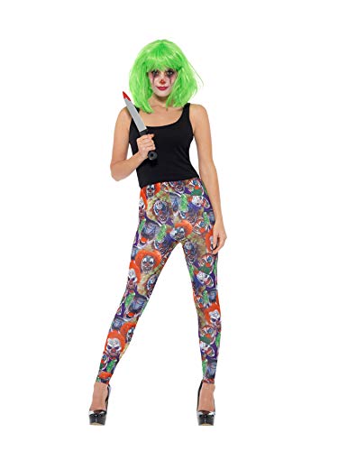 The image shows a model wearing clown-pattern leggings, a black top, and a green wig.