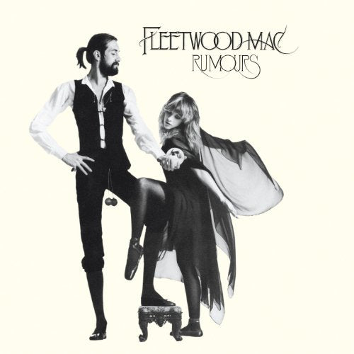 "Black and white image of Fleetwood Mac's 'Rumours' album cover featuring a man and woman."