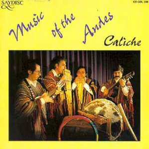 "CD cover with four men in traditional clothing playing instruments on a yellow background."