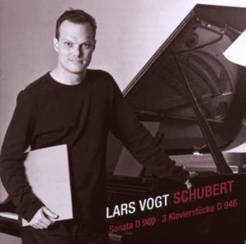 Pianist Lars Vogt with a grand piano, album cover for Schubert’s music.