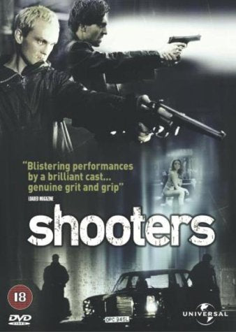 "Shooters DVD cover featuring men with guns and a car at night."