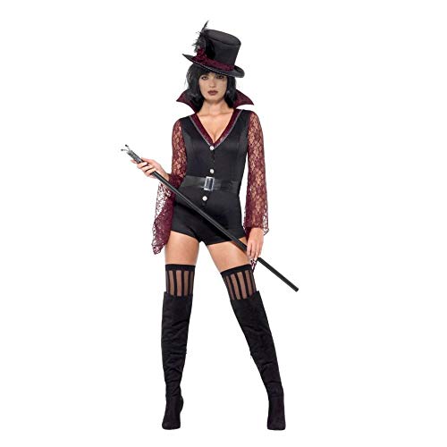 A woman dressed as a vampire, wearing a black hat, vest, and boots, holding a cane.