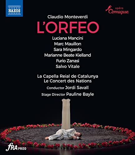 Blu-ray cover for Monteverdi’s “L’Orfeo” opera, featuring a man lying amongst roses.