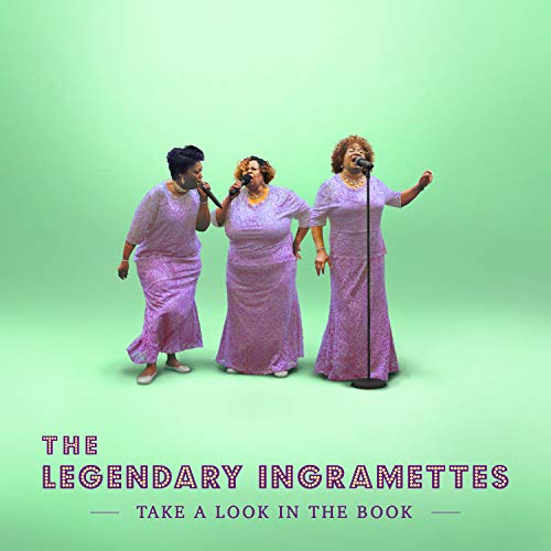 "CD cover featuring three women in lavender dresses singing into microphones against a green background."