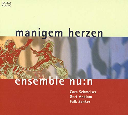 "Album cover with three colored sections, featuring abstract figures and text."