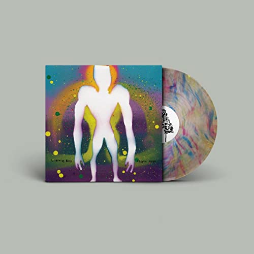 Vinyl record with colorful splatter pattern and figure on album cover.