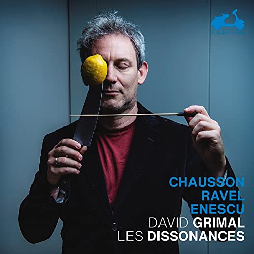 CD cover featuring violinist David Grimal holding a lemon with a knife.