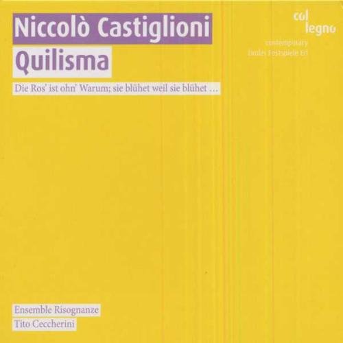Yellow CD cover for “Quilisma” by Niccolò Castiglioni, with text.
