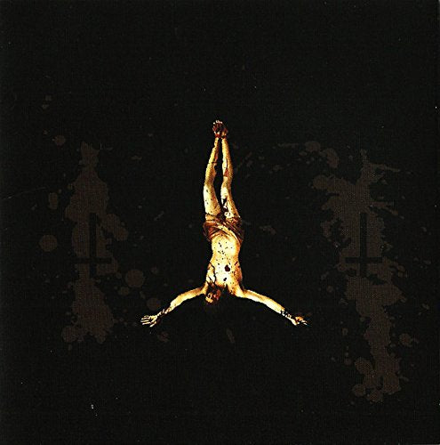 Dark album cover featuring a suspended, distressed figure and inverted crosses.