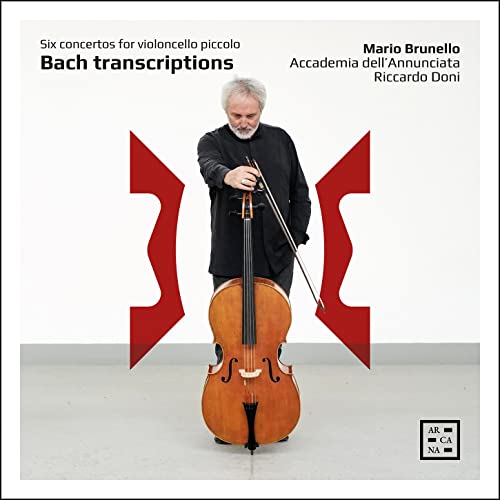 Cellist Mario Brunello with a small cello, album cover for Bach transcriptions.
