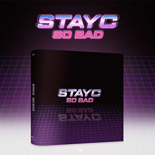 Black STAYC CD case with neon pink and blue text, grid background.
