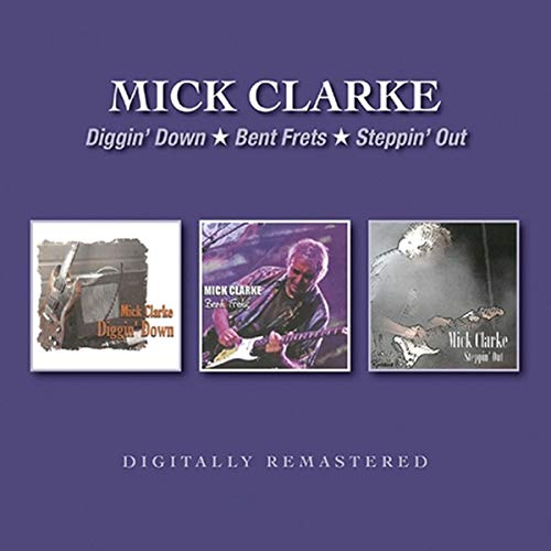 "Mick Clarke CD cover with three album covers and purple background."