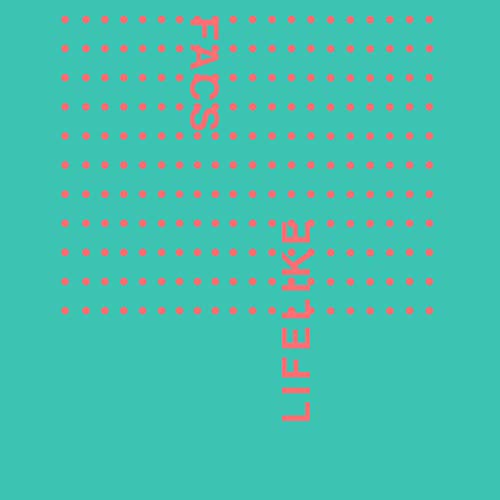 Turquoise background with red dots and vertically stacked text: "FACs LIFELIKE".