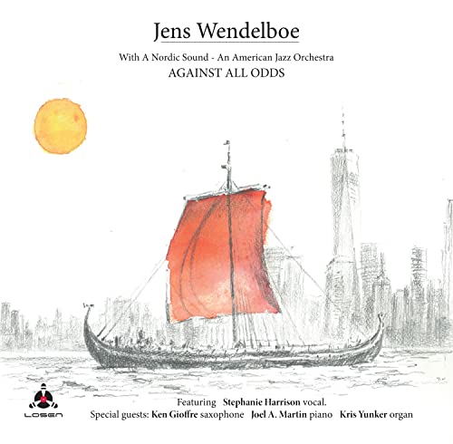 CD cover: sketched Viking ship sailing towards a city skyline with a sun.