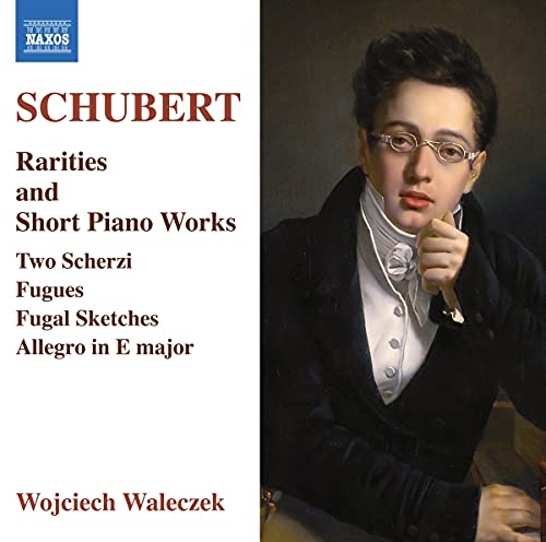 "CD cover featuring a portrait of Franz Schubert with text describing the album contents."