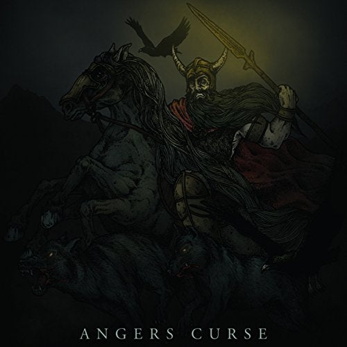 "Album cover art featuring a warrior on horseback surrounded by wolves and a bird."