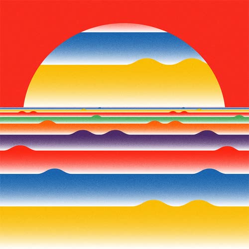 Colorful abstract landscape with layered horizontal bands and a large sun.